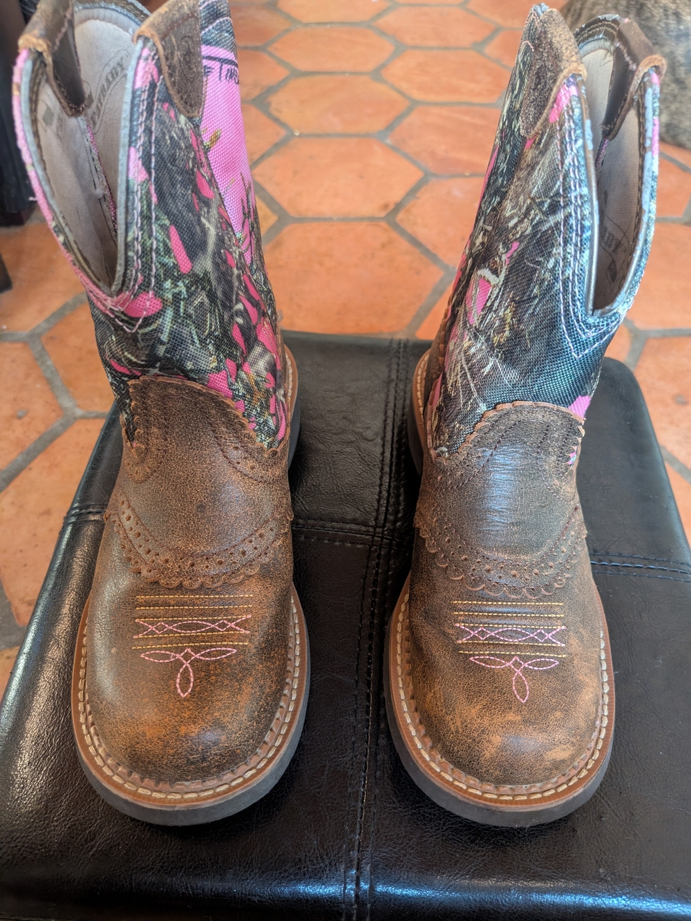Ariat Fat Baby Brown Leather Cowboy Boots with Pink Camo Shaft